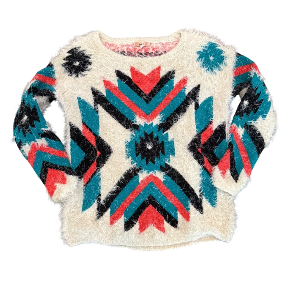 36 point 5 Womens Eyelash Knit Southwestern Geometric Fuzzy Pullover Sweater